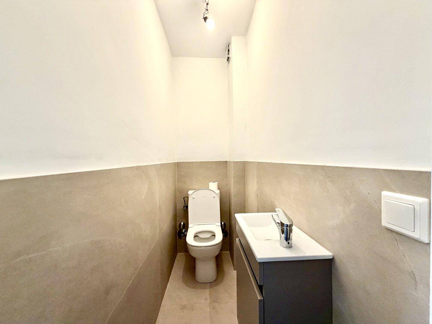 Kleines Gäste-WC mit Wand-WC, Einzelwaschbecken und modernen Fliesen.