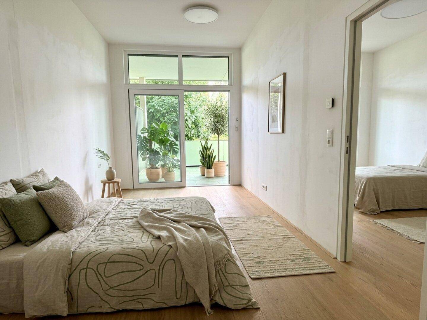 Helles Schlafzimmer mit Holzboden, großen Fenstern und direktem Zugang zum Gartenbereich.