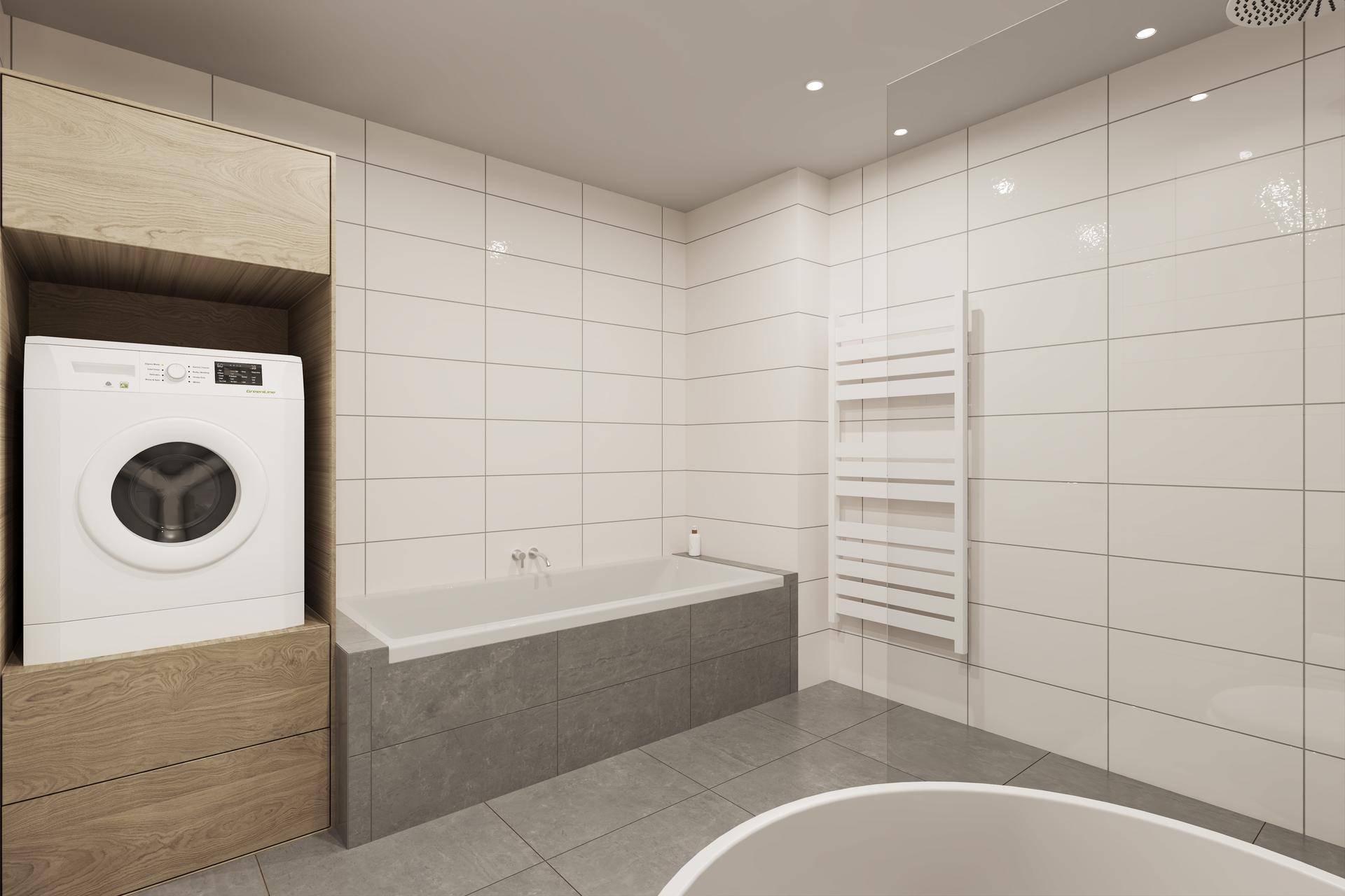 Badezimmer mit Badewanne und praktischem Einbauschrank für die Waschmaschine, alles in modernem Design.