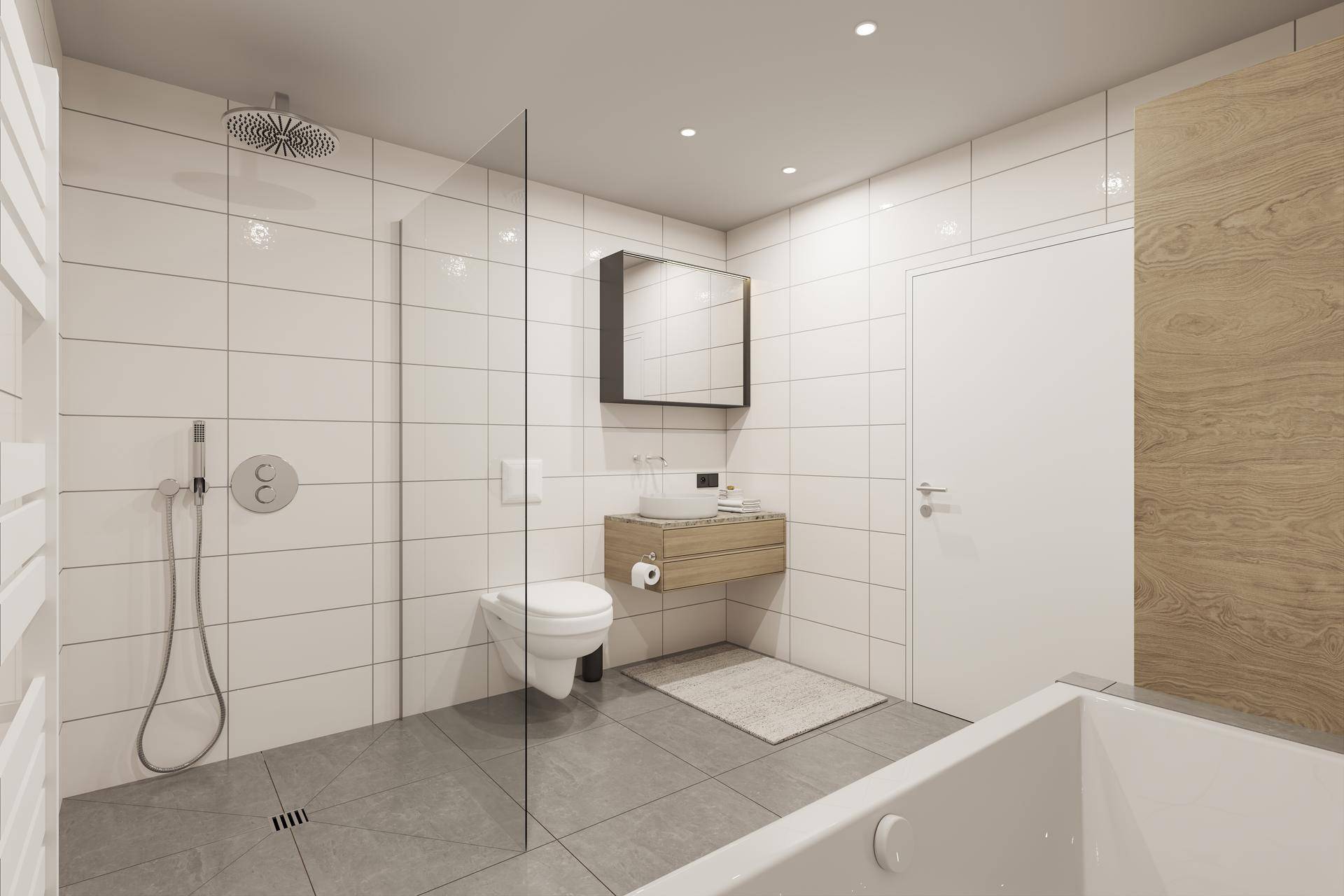 Zeitgemäßes Badezimmer mit geräumiger ebenerdiger Dusche, Wand-WC und elegantem Waschtisch.