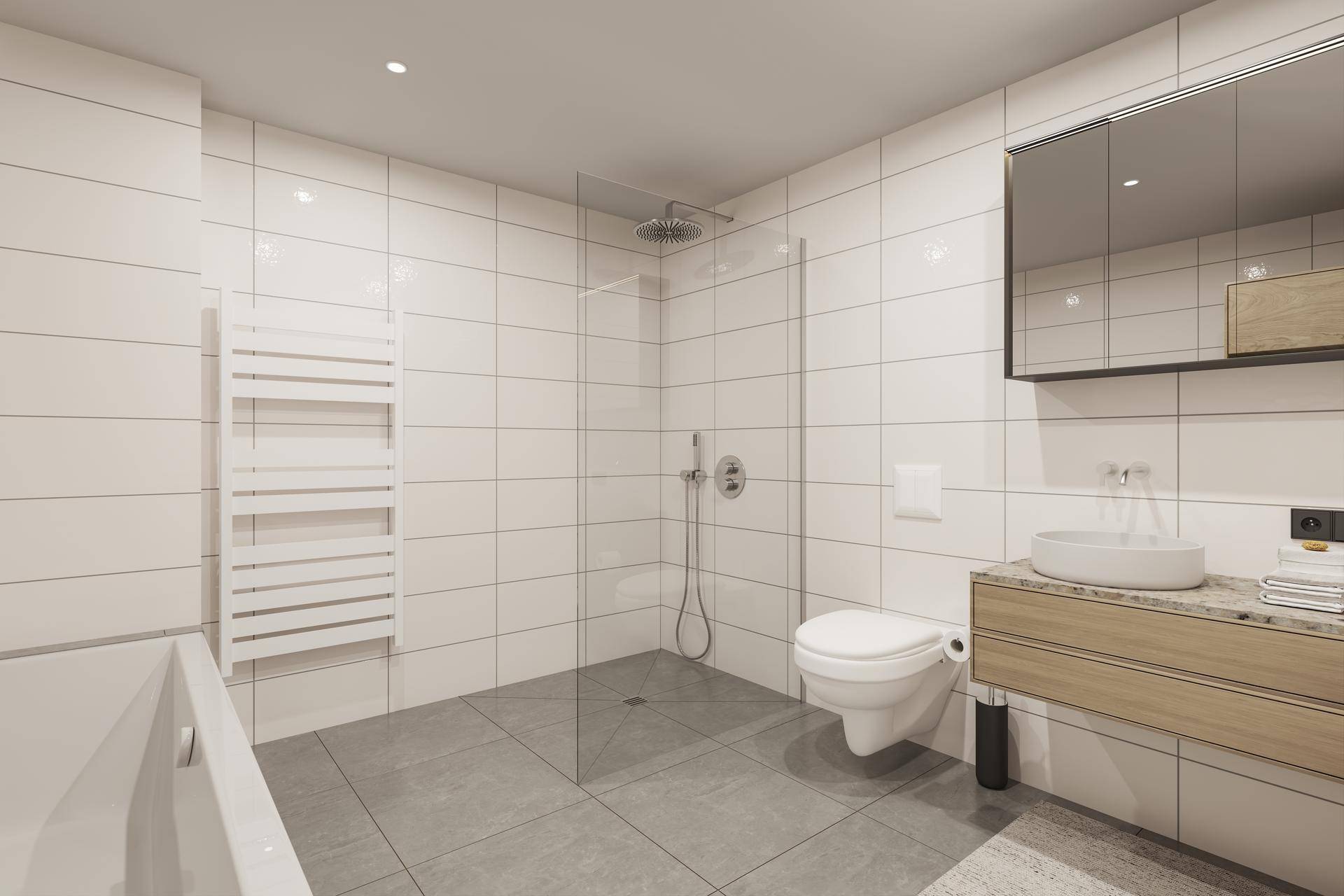 Modernes Badezimmer mit ebenerdiger Dusche, Badewanne und stilvollen Armaturen.