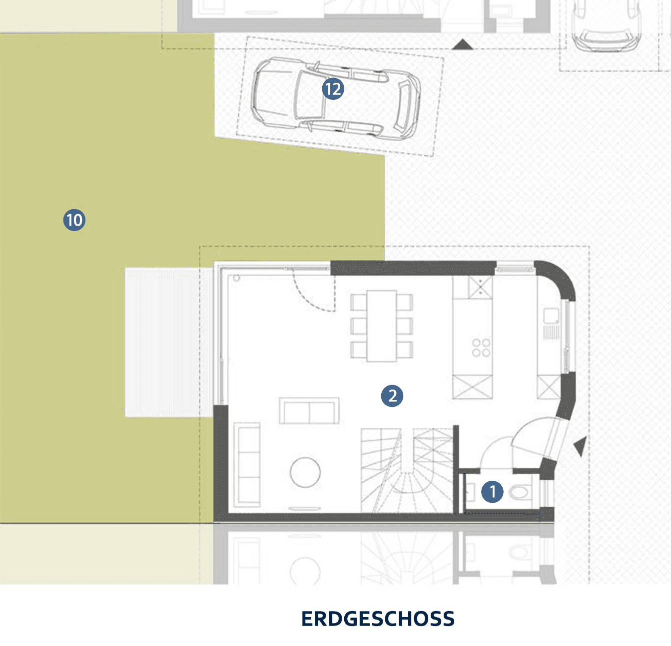 Grundriss des Erdgeschosses mit offenem Wohnbereich, Küche und Zugang zum Garten.