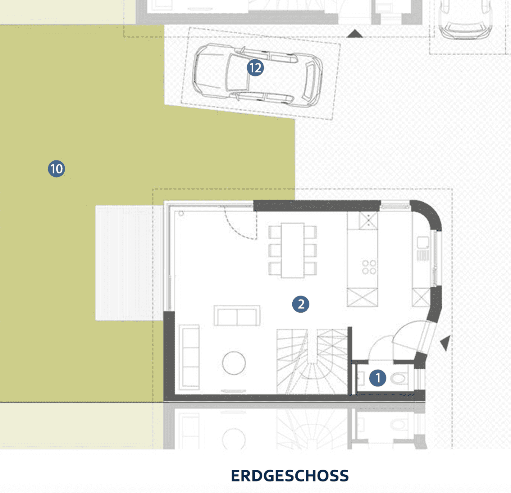 Grundriss des Erdgeschosses mit offenem Wohn-Essbereich, Küche, WC und Zugang zum Garten.