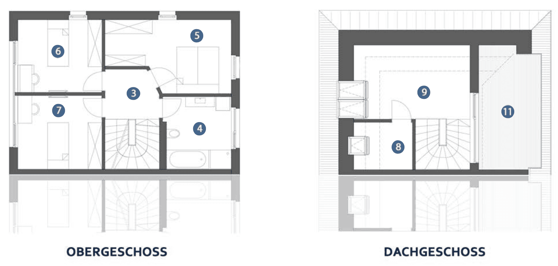 Grundrisse des Obergeschosses mit Schlafzimmern und des Dachgeschosses mit Dachterrasse.