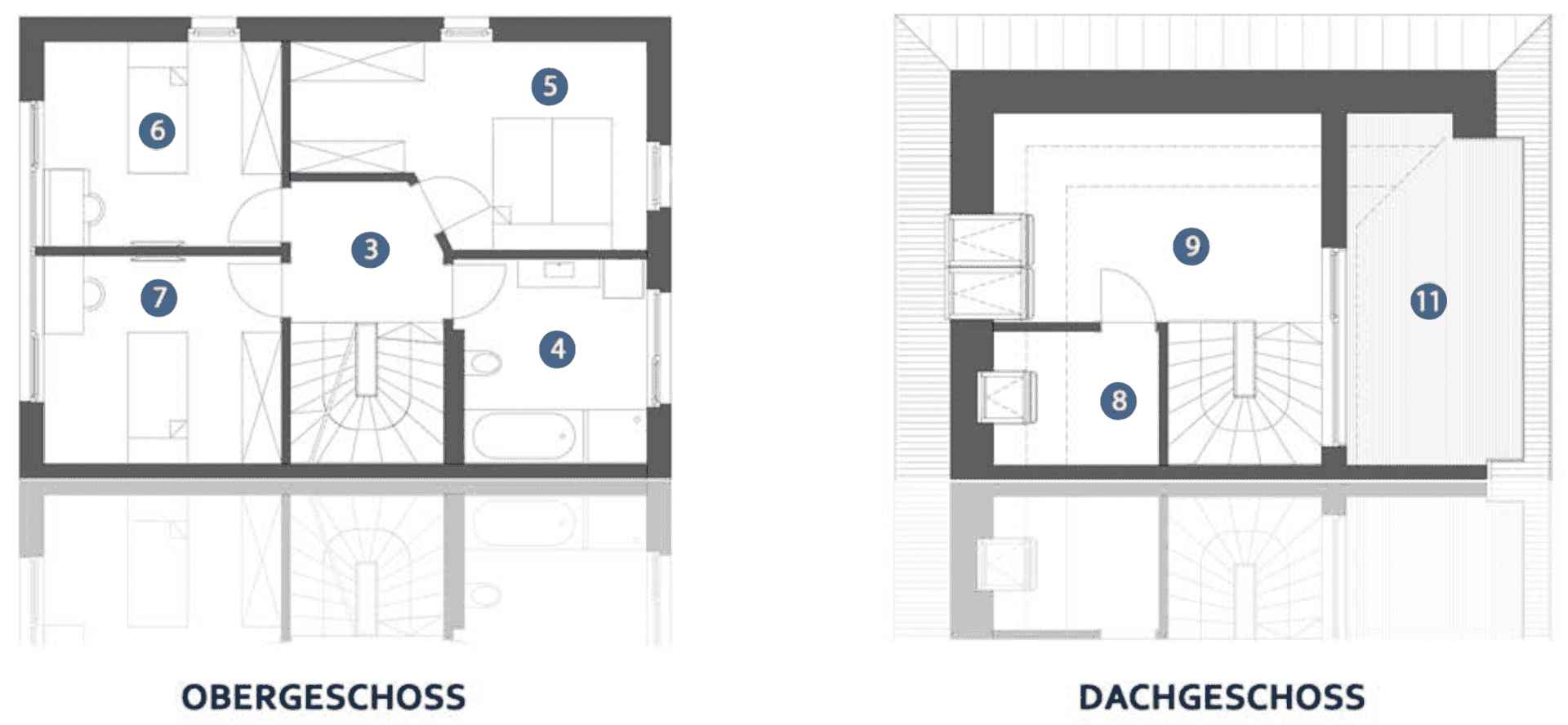 Grundrisse des Ober- und Dachgeschosses mit Schlafzimmern, Bädern und einer Dachterrasse.
