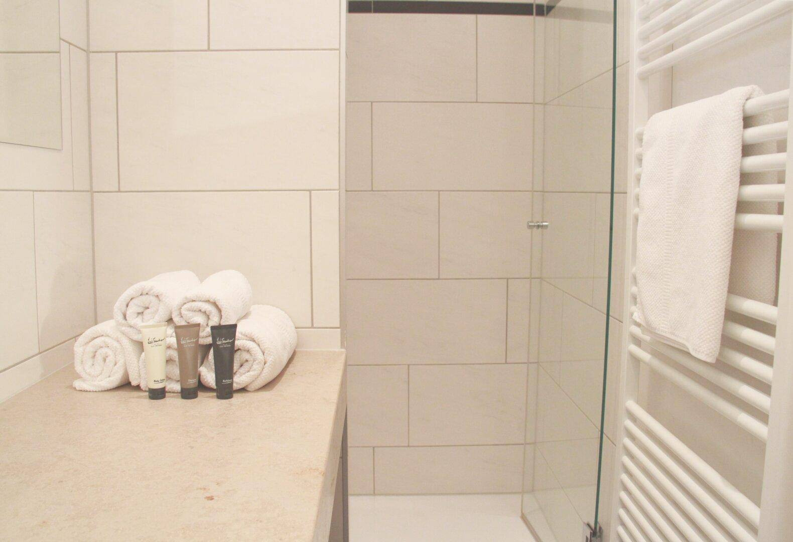 Modernes Badezimmer mit begehbarer Dusche, Einzelwaschbecken und Handtuchheizkörper.