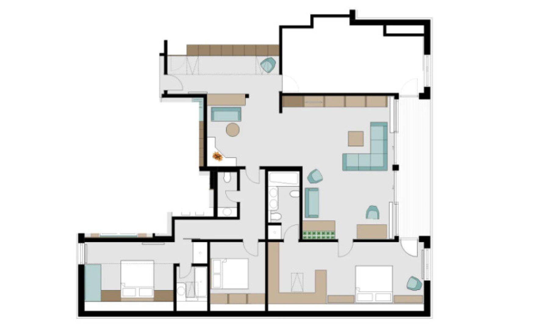 Detaillierter Grundriss einer Wohnung mit mehreren Zimmern, Balkon und Terrasse.