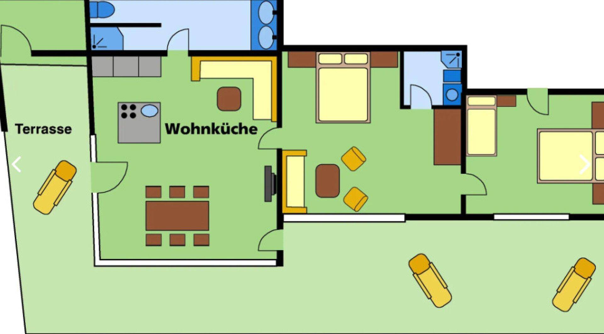 Farbiger Grundriss einer Wohnung mit Wohnküche, Terrasse und mehreren Schlafzimmern.