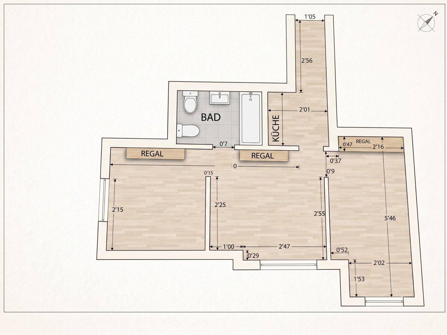 Grundriss einer Wohnung mit Bad, Küche und mehreren Zimmern, inklusive Maßen.
