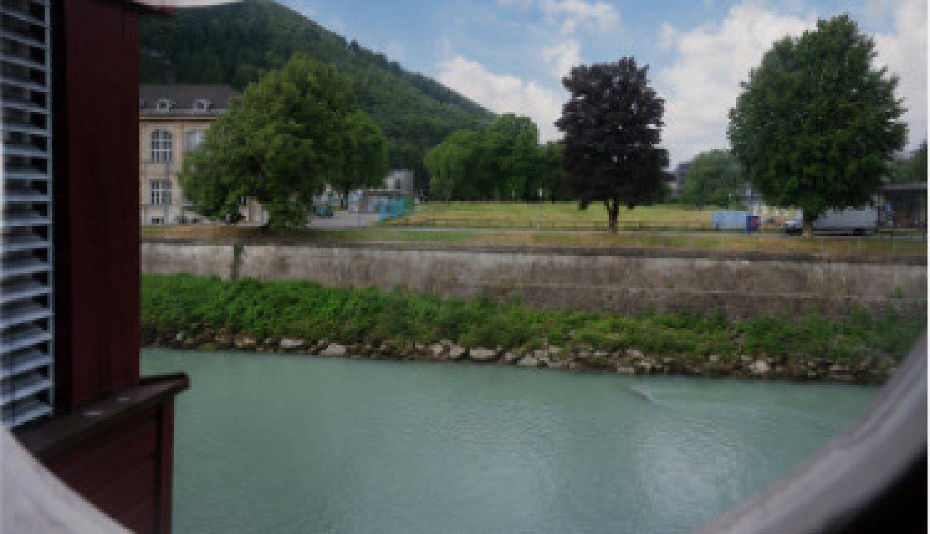 Blick auf einen Fluss mit Bäumen und Gebäuden am Ufer unter einem bewölkten Himmel.