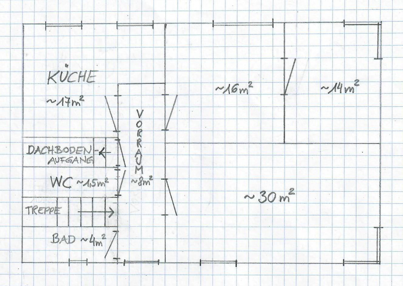 Handgezeichneter Grundriss mit Raumaufteilung und Flächenangaben der Immobilie.