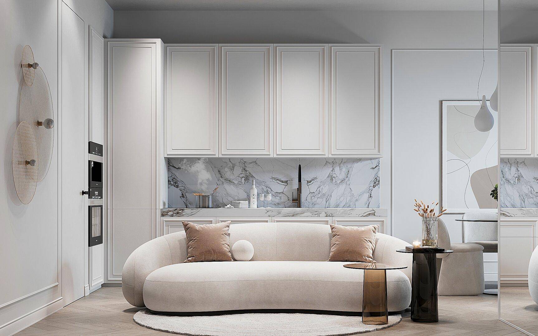 Modernes Wohnzimmer mit elegantem Sofa, Marmor-Rückwand und integrierter Küchenzeile.