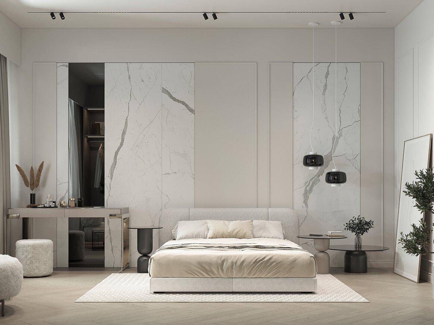 Elegantes Schlafzimmer mit großem Bett, Marmor-Akzentwand und stilvoller Beleuchtung.