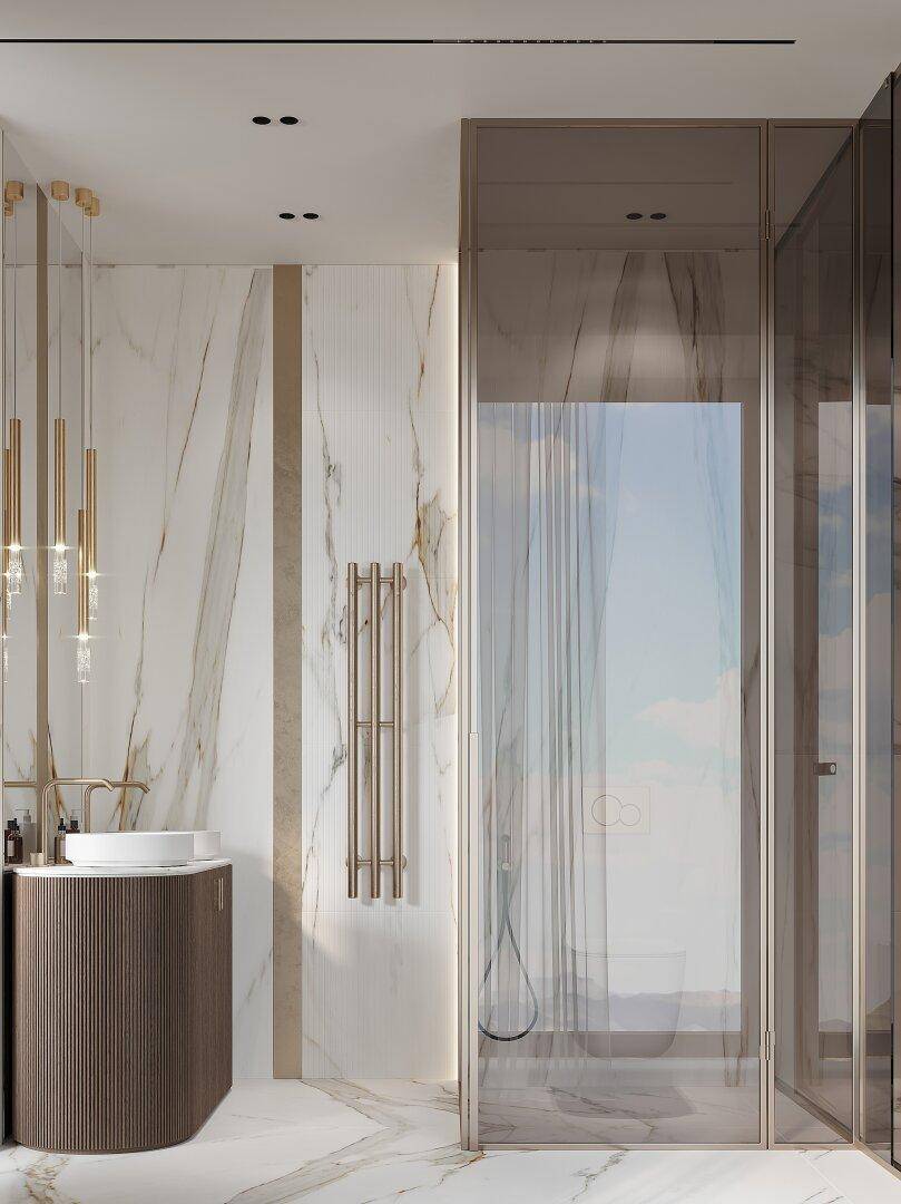Elegantes Badezimmer mit Marmorwänden, stilvollem Waschtisch und moderner Duschkabine.