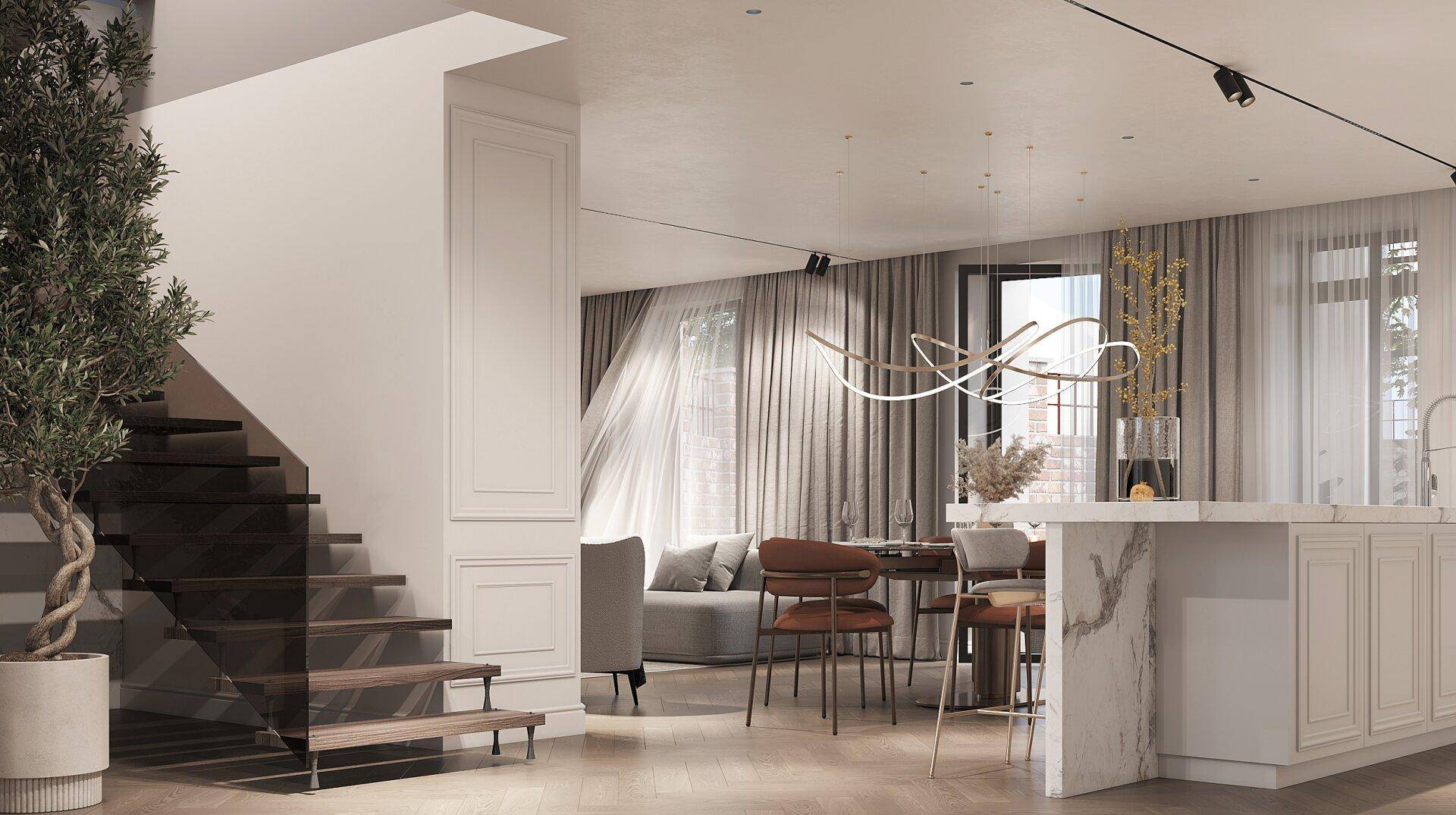 Offener Wohn-Essbereich mit eleganter Treppe, moderner Küche und viel Tageslicht.