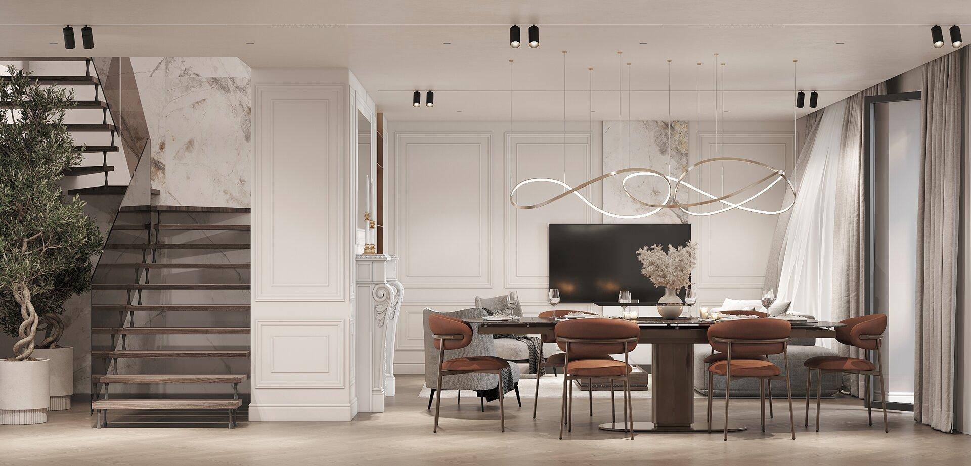 Heller und offener Wohn-Essbereich mit stilvoller Beleuchtung und eleganter Treppe.