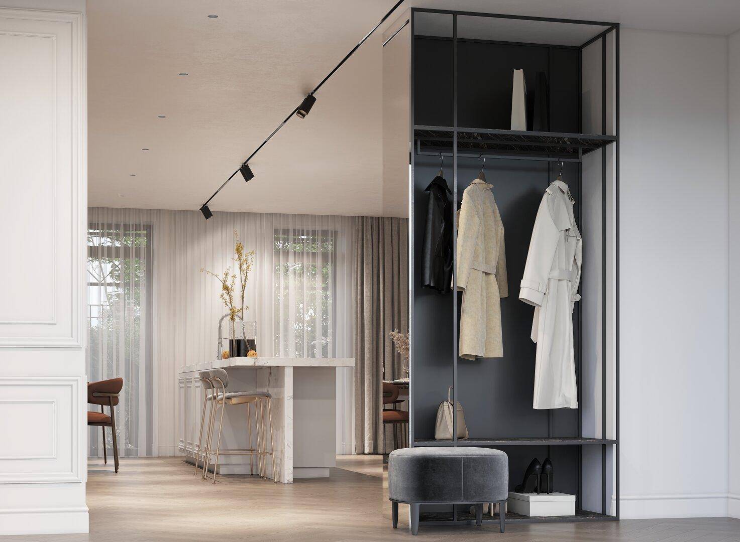 Moderner Eingangsbereich mit offener Garderobe und Blick auf den Wohnbereich.