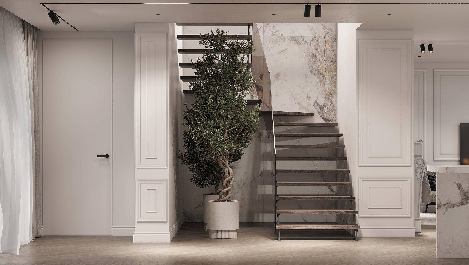 Eleganter Flur mit moderner Treppe, dekorativer Pflanze und Marmor-Akzentwand.