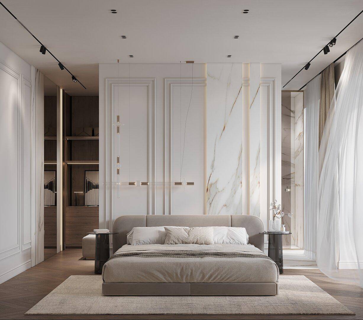 Geräumiges Schlafzimmer mit großem Bett, Marmor-Akzentwand und integriertem Ankleidebereich.