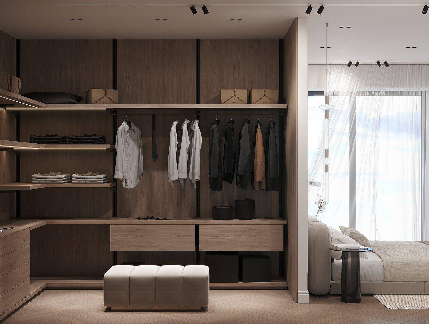 Moderner begehbarer Kleiderschrank mit Holzvertäfelung und direktem Zugang zum Schlafzimmer.
