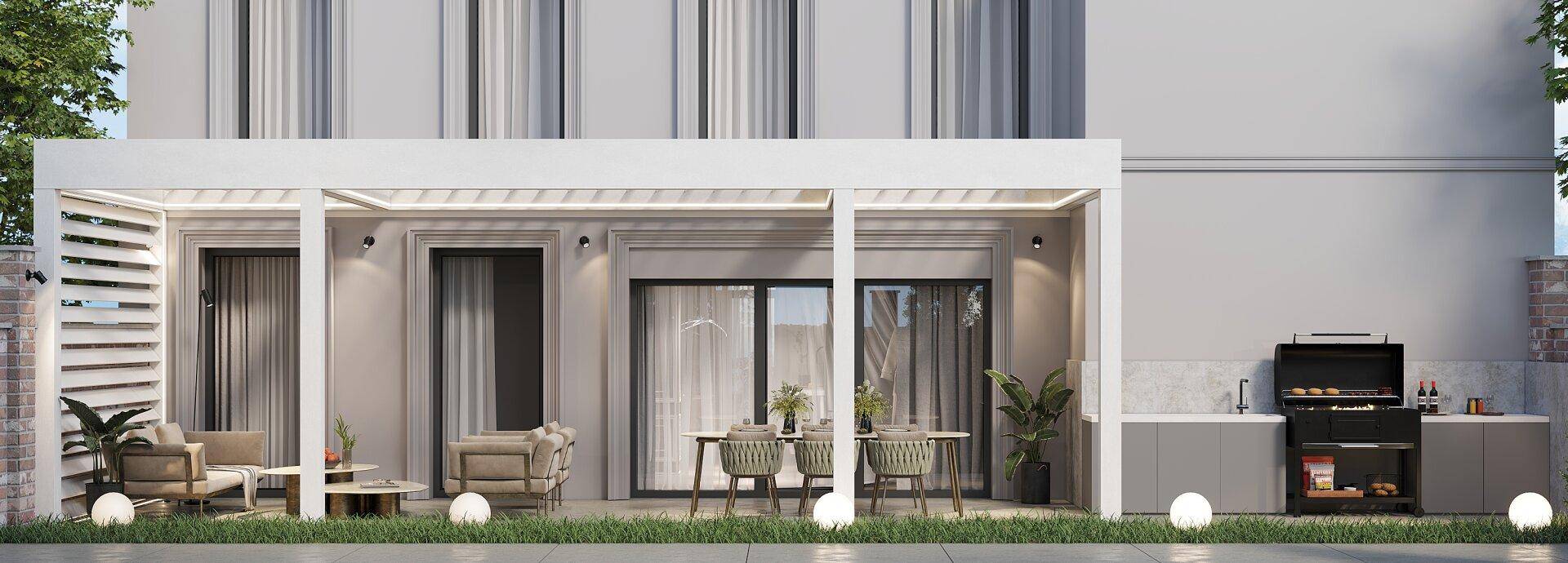 Moderne Terrasse mit Pergola, Essbereich im Freien und integrierter Grillstation.