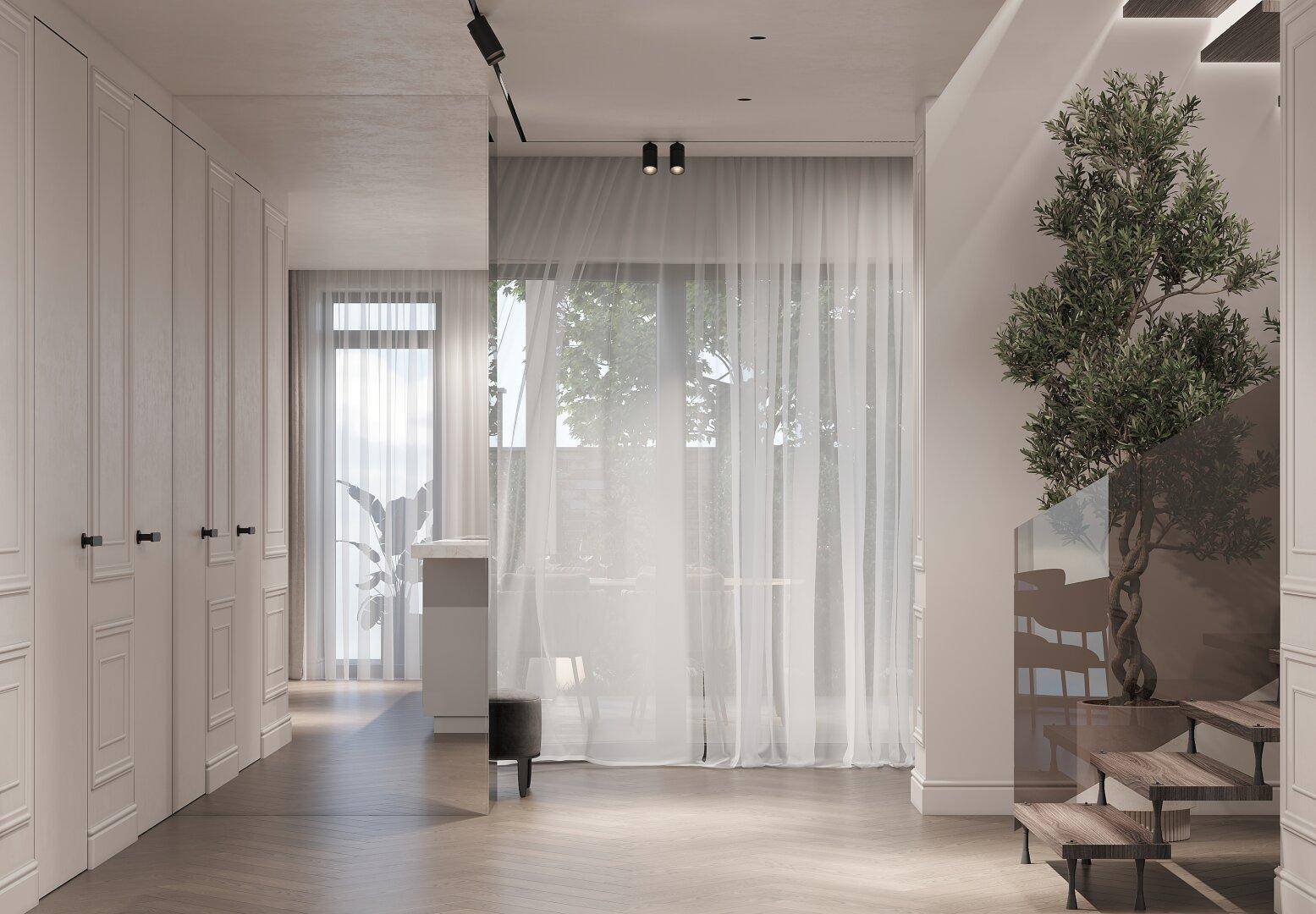 Heller Flur mit eleganten Einbauschränken, Holztreppe und viel natürlichem Licht durch große Fenster.
