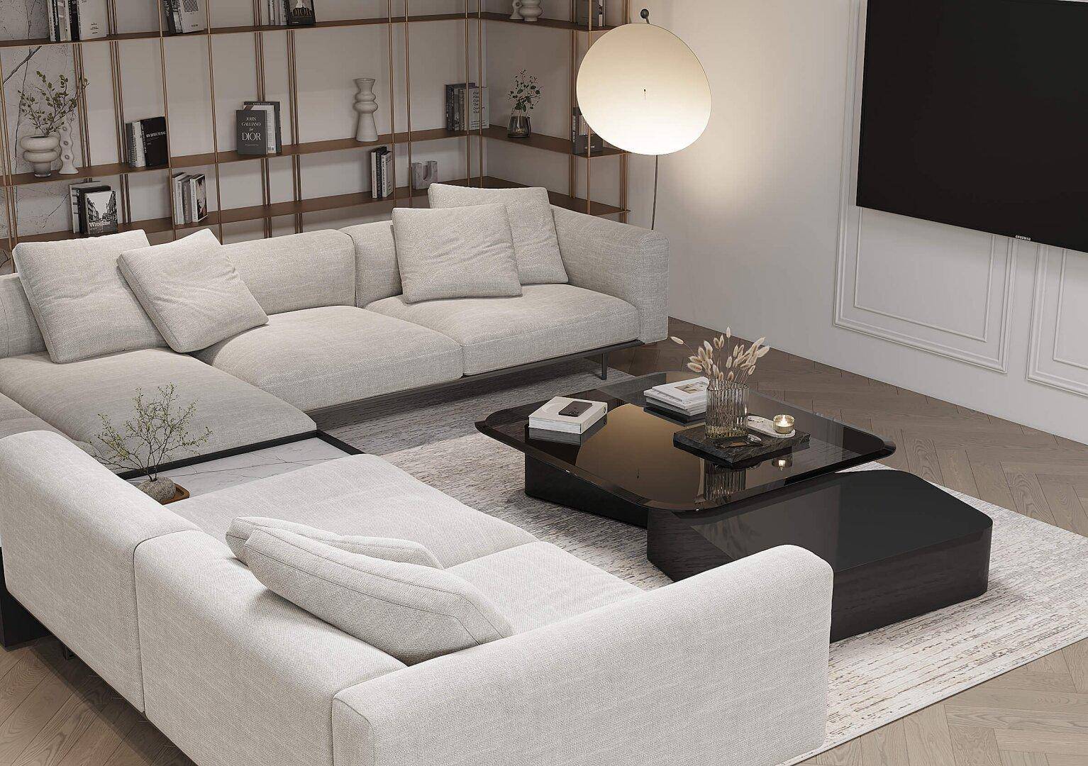 Gemütliches Wohnzimmer mit großem Ecksofa, modernem Couchtisch und integriertem Bücherregal.