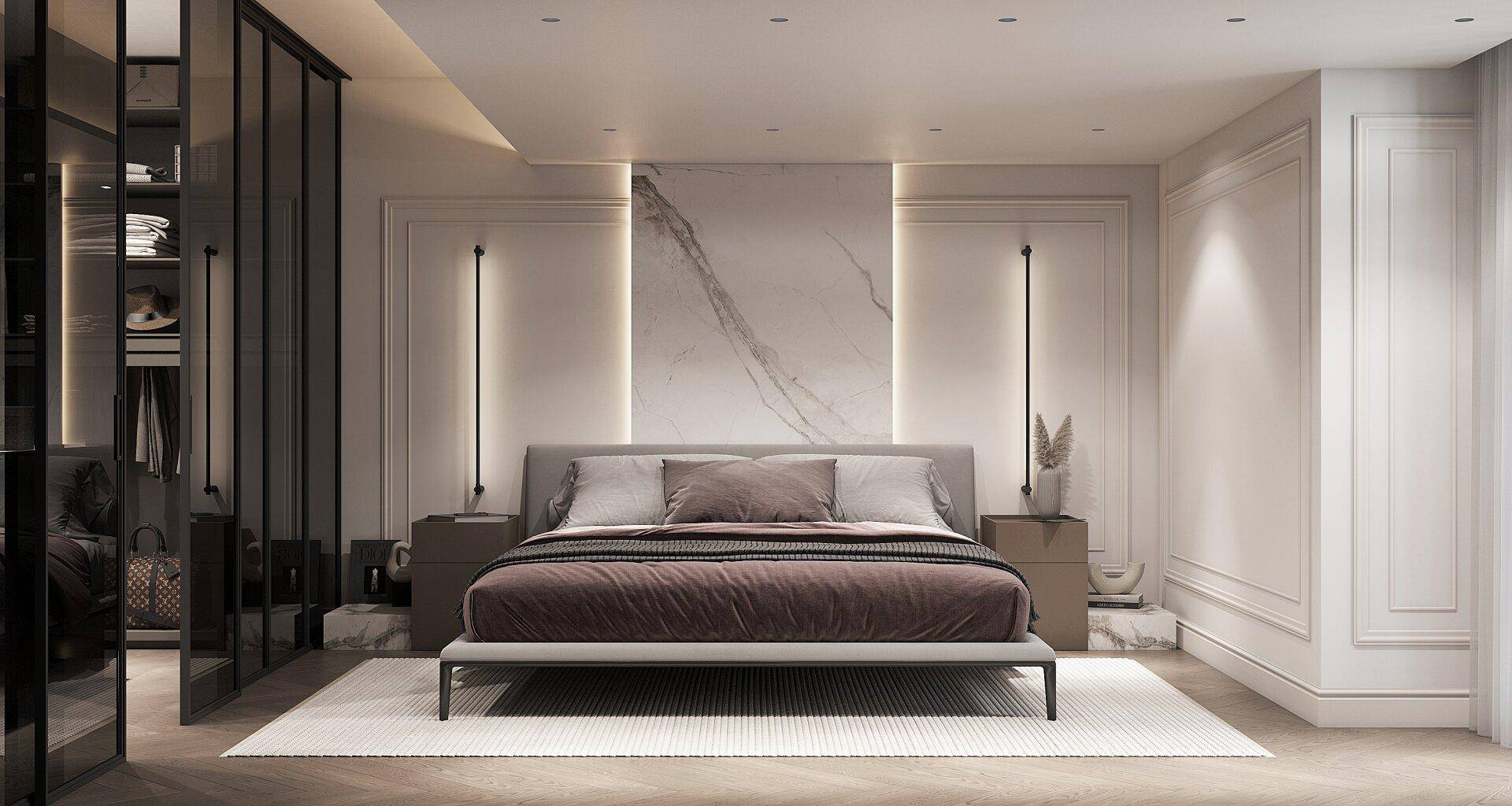 Elegantes Schlafzimmer mit modernem Design, Marmorwand und integriertem begehbarem Kleiderschrank.