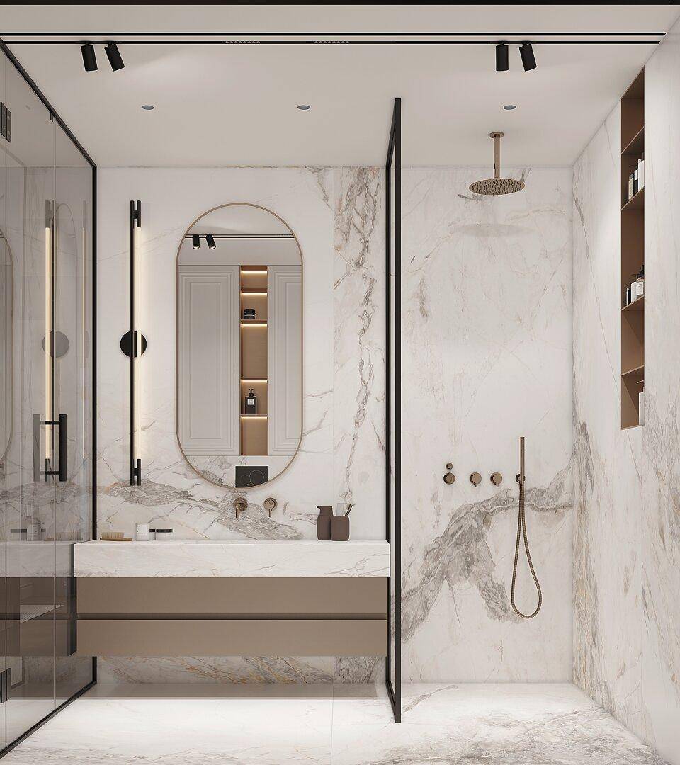 Luxuriöses Badezimmer mit Marmorwänden, begehbarer Dusche und modernem Einzelwaschbecken.