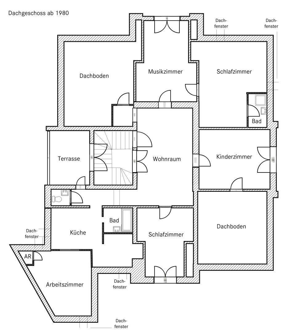 Grundriss des Dachgeschosses ab 1980 mit Wohnraum, Schlafzimmern und Terrasse.