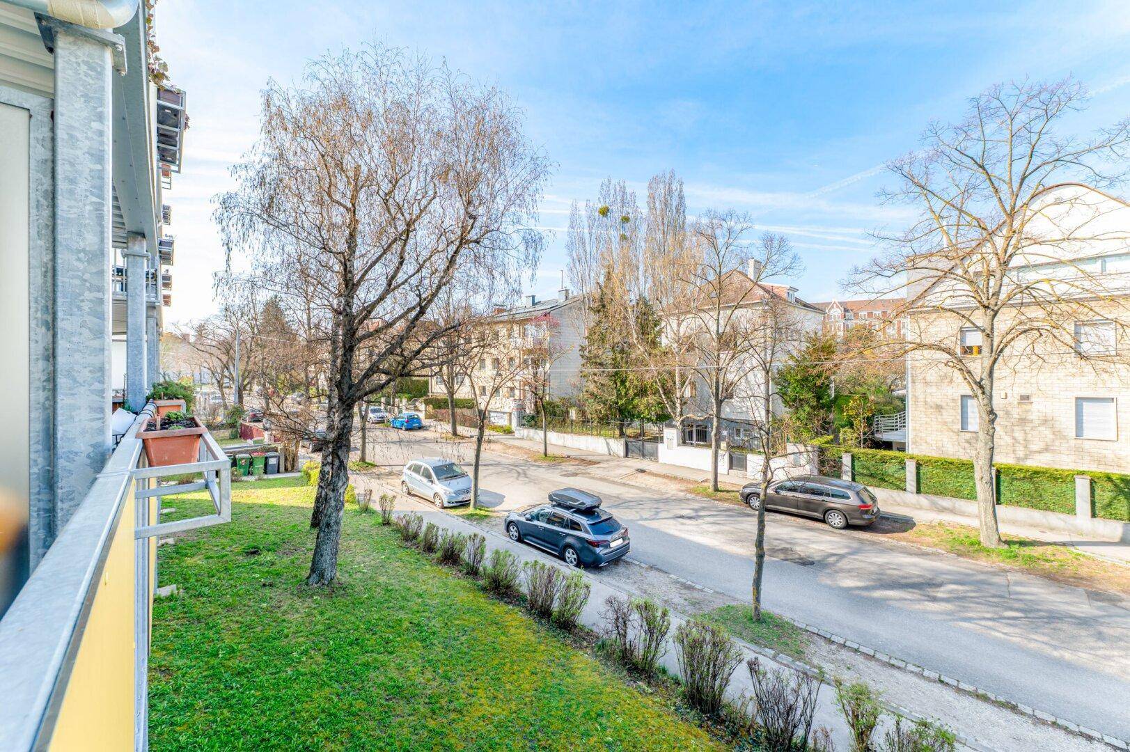 Blick von einem Balkon auf eine ruhige Wohnstraße mit Bäumen und parkenden Autos an einem sonnigen Tag.