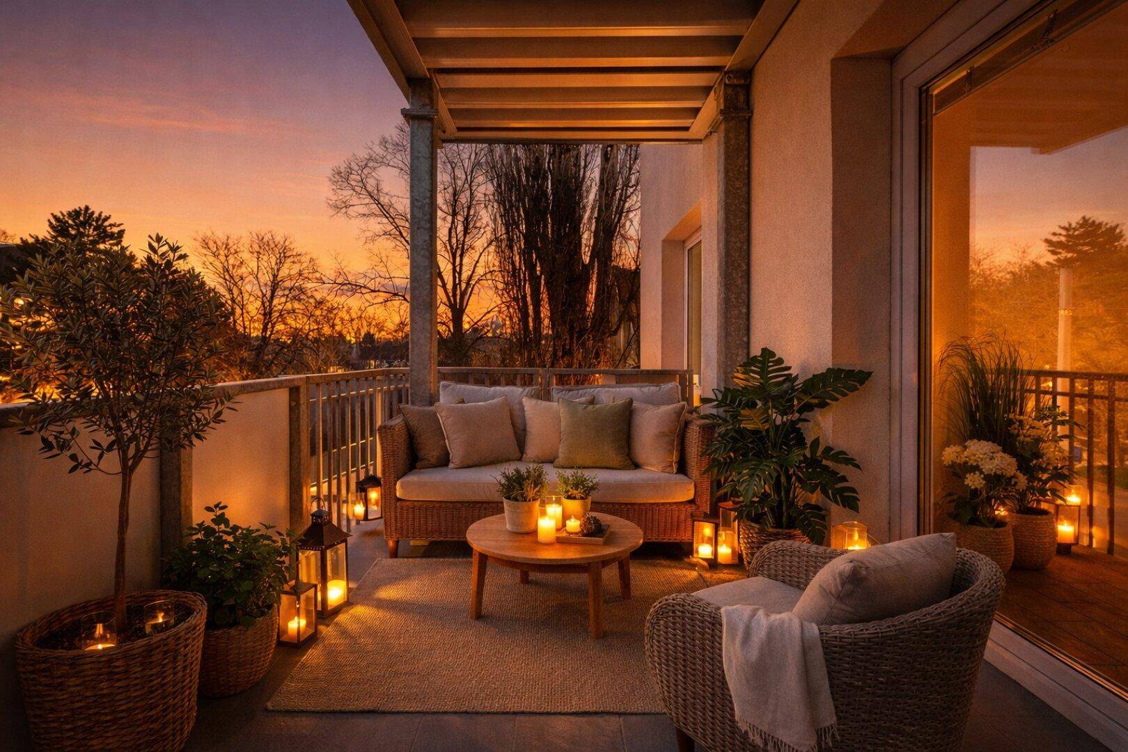 Stimmungsvoller Balkon bei Sonnenuntergang, beleuchtet mit Laternen und Kerzen für eine gemütliche Atmosphäre.