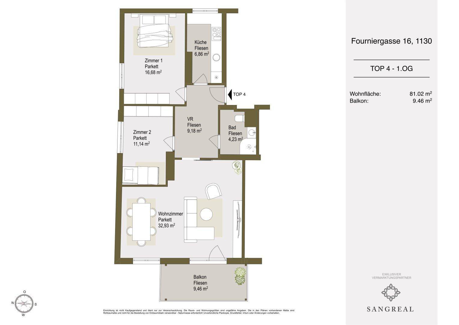 Grundriss der Wohnung TOP 4 im 1. Obergeschoss mit zwei Schlafzimmern, offenem Wohnbereich und Balkon.