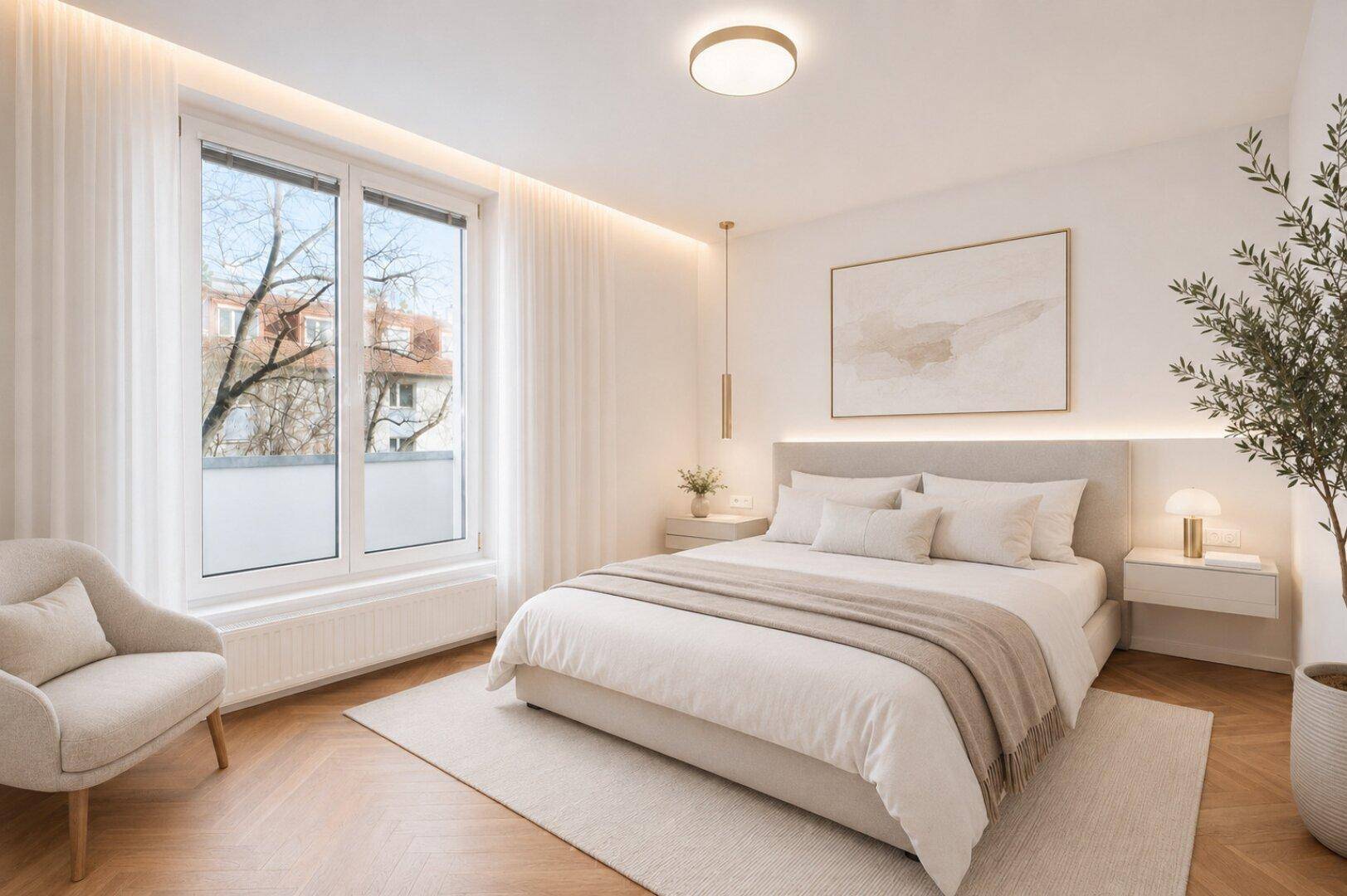 Helles, modernes Schlafzimmer mit Fischgrätparkett, großem Fenster und indirekter Beleuchtung.