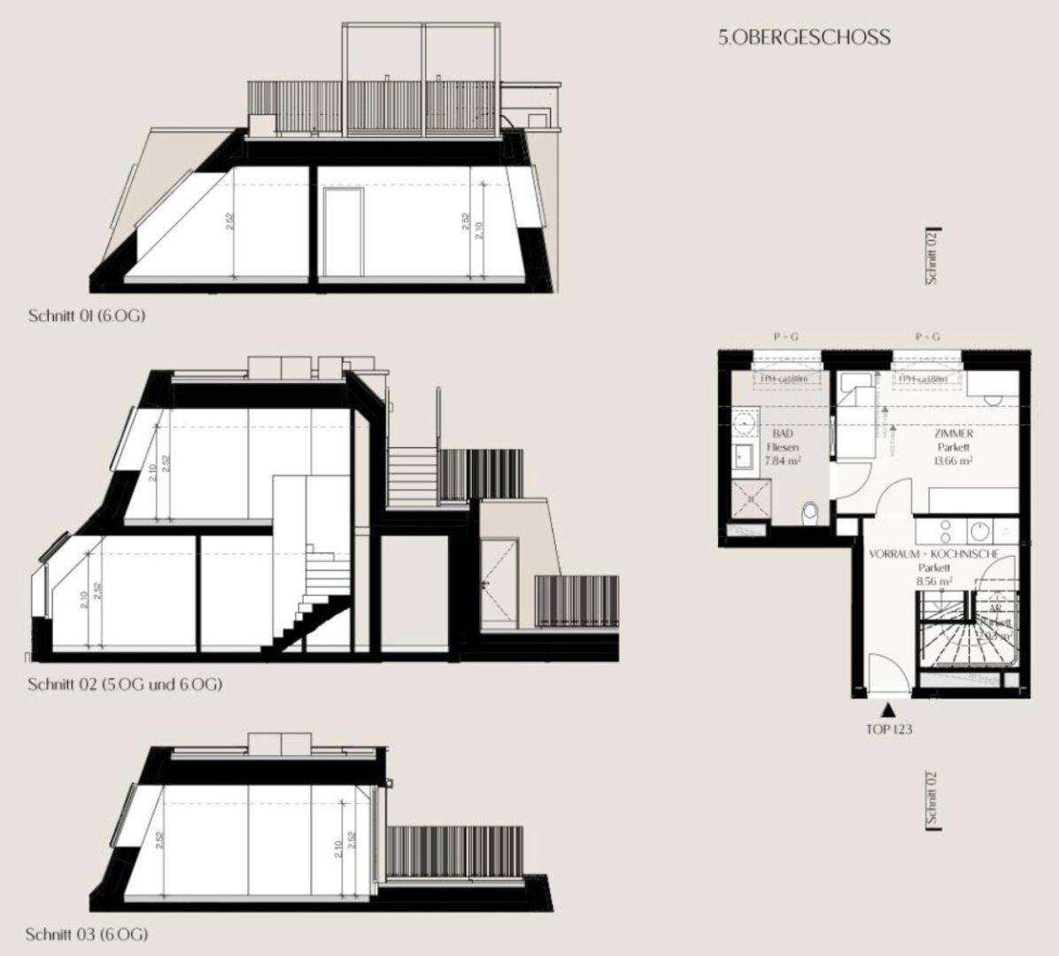 Architektonische Schnitte und ein Teilgrundriss des Obergeschosses mit Dachschrägen und Treppenhaus.