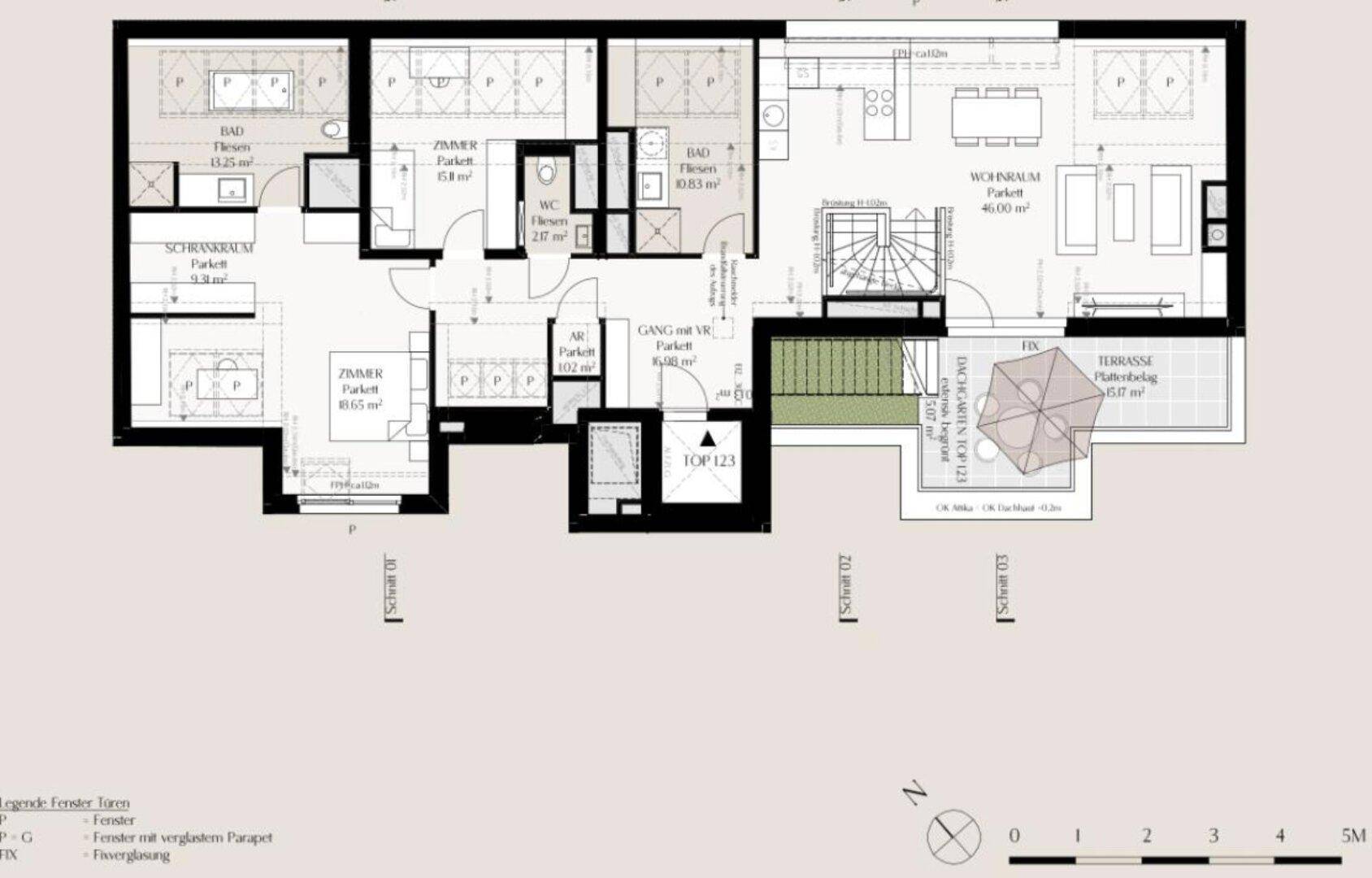 Detaillierter Grundriss einer Wohnung mit mehreren Zimmern, Bädern, offener Küche und großer Terrasse.