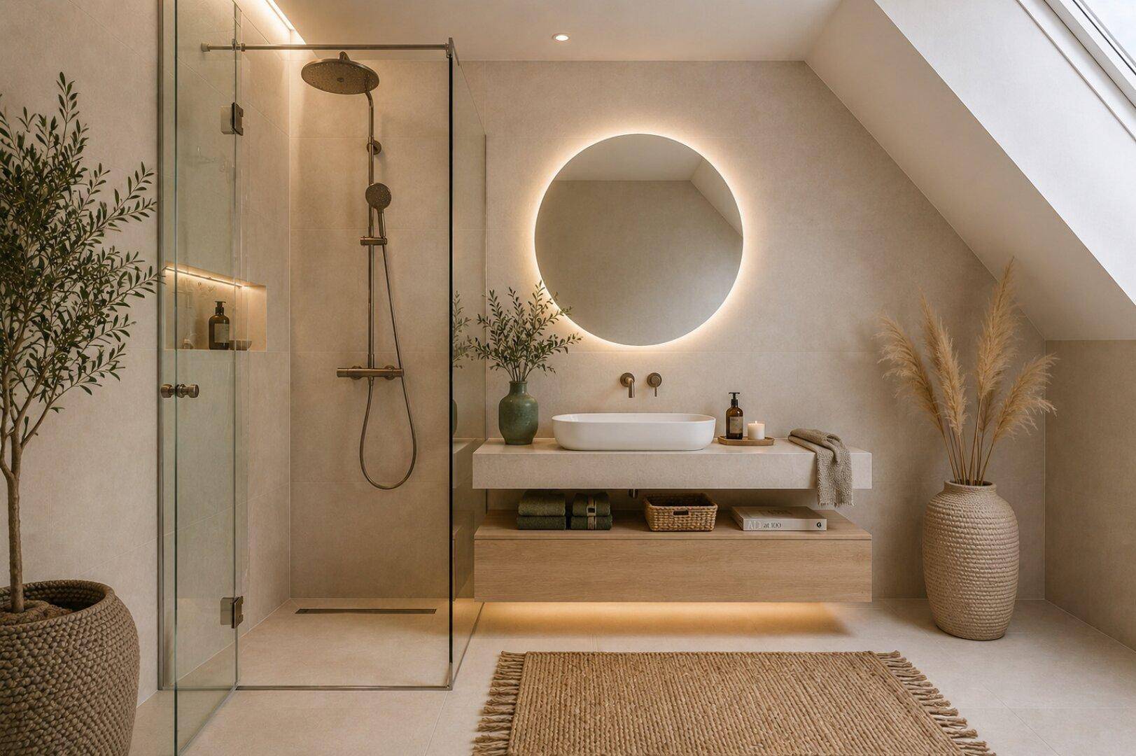Modernes Badezimmer mit begehbarer Dusche, beleuchtetem Spiegel und Dachfenster.