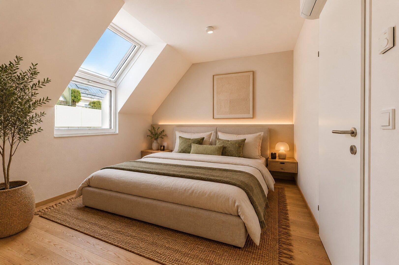 Helles Schlafzimmer mit schrägen Wänden, Dachfenster und integrierter Klimaanlage.