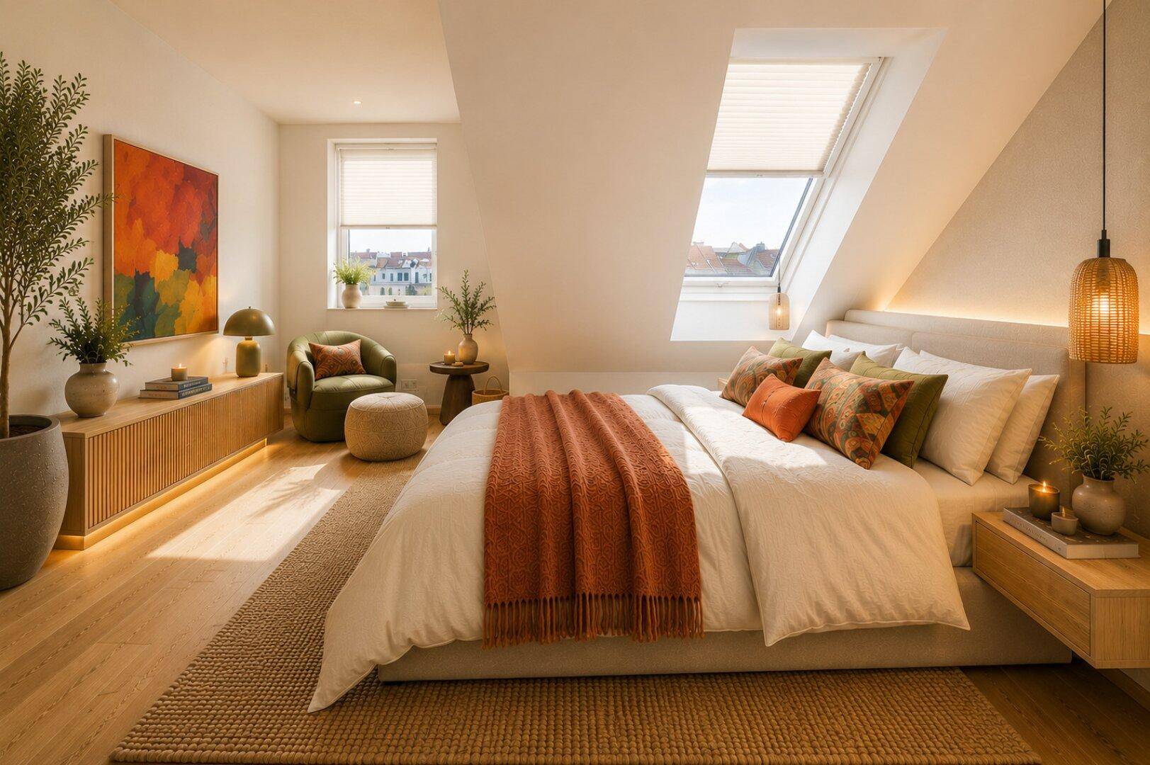 Gemütliches Schlafzimmer im Dachgeschoss mit schrägen Decken, Holzboden und zwei Dachfenstern.