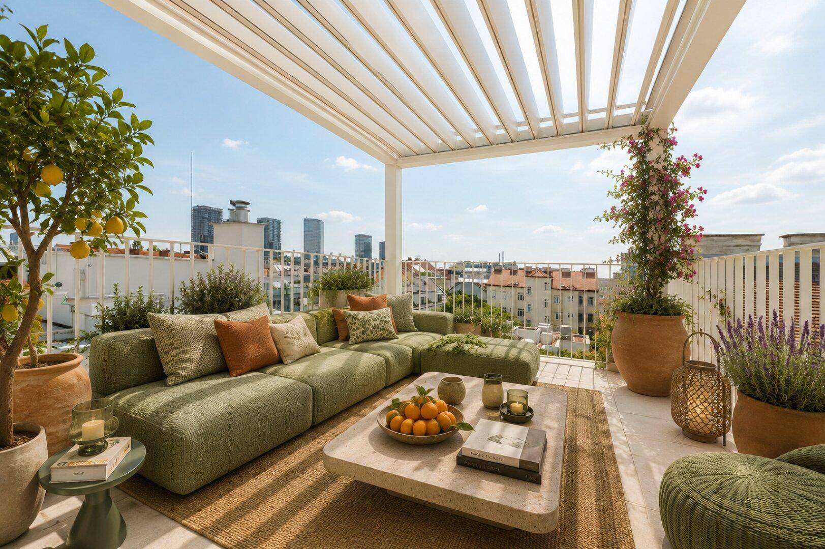 Geräumige Dachterrasse mit bequemen Sitzgelegenheiten, Pergola und weitem Stadtblick.