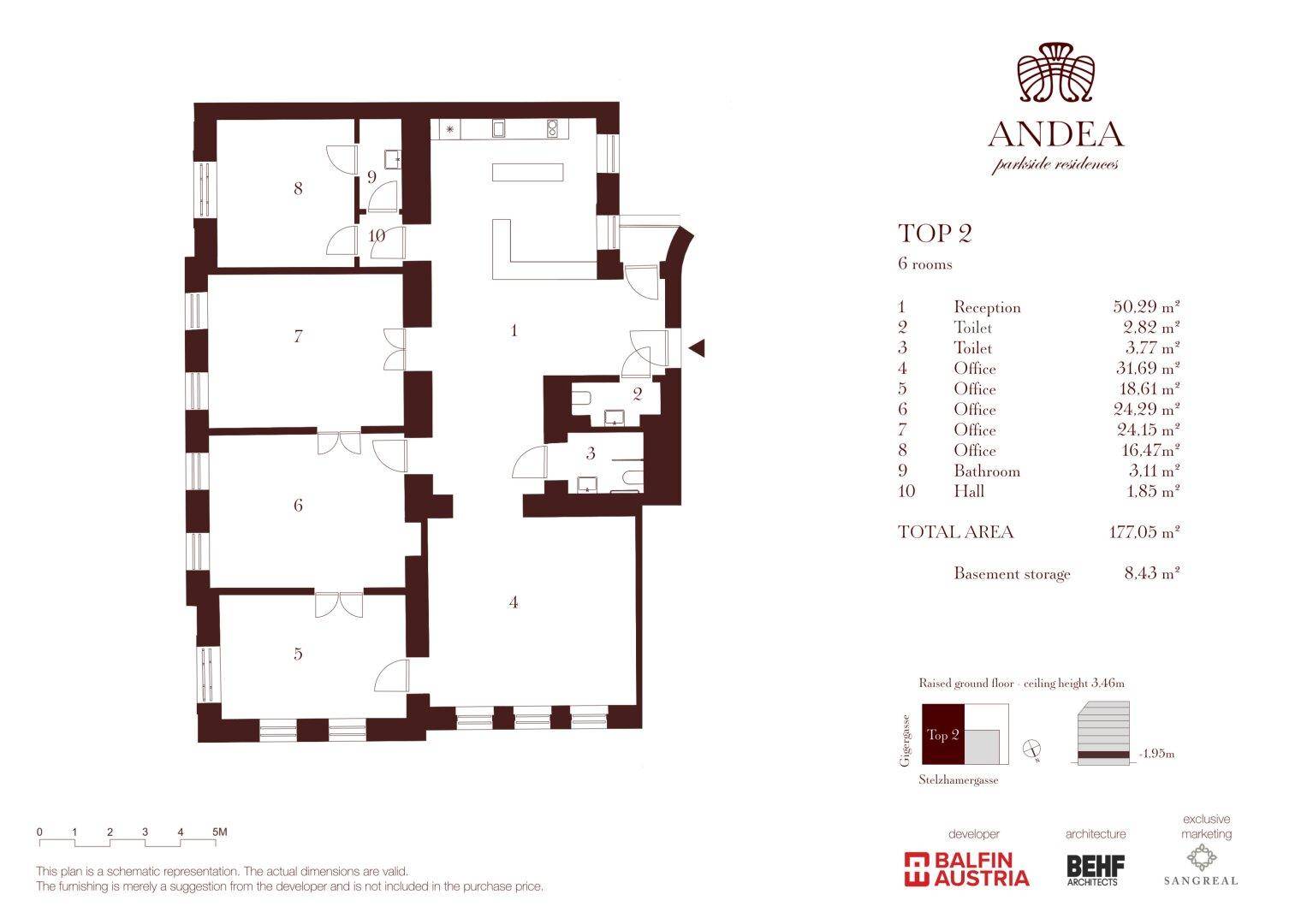 Detaillierter Grundriss einer 6-Zimmer-Wohnung mit Empfangsbereich, mehreren Büros und WCs, sowie einer Gesamtfläche von 177m².