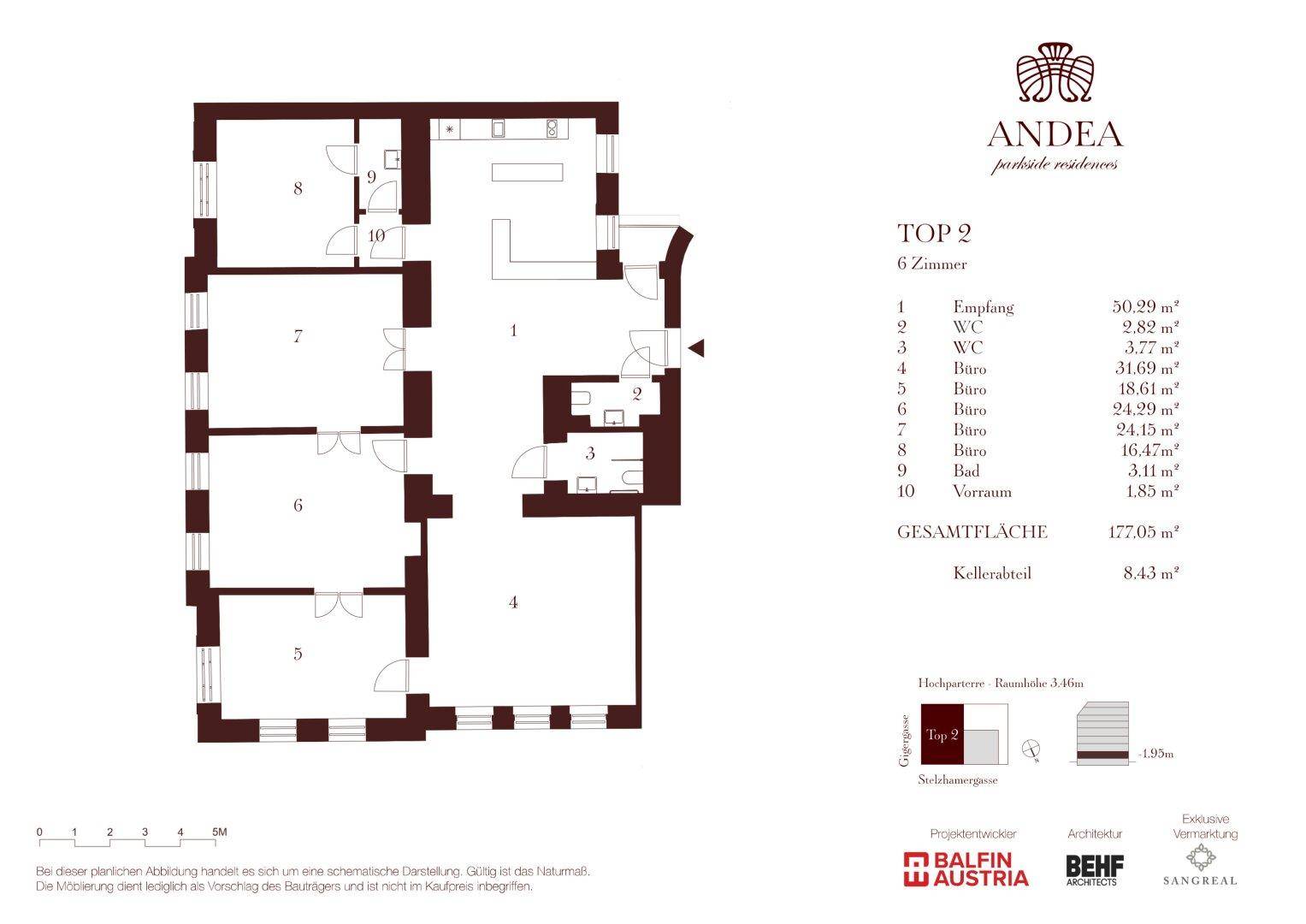 Detaillierter Grundriss einer 6-Zimmer-Wohnung mit Empfangsbereich, mehreren Büros und WCs, sowie einer Gesamtfläche von 177m².