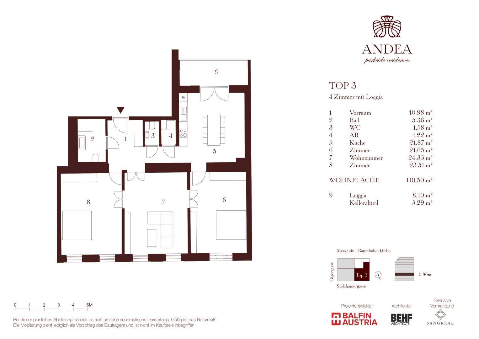 Grundriss einer 4-Zimmer-Wohnung mit Loggia und separater Küche, ideal für Familien.