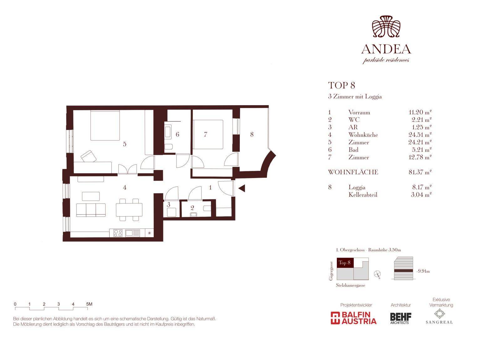 Grundriss einer 3-Zimmer-Wohnung mit Loggia, offenem Wohnbereich und zwei Bädern.