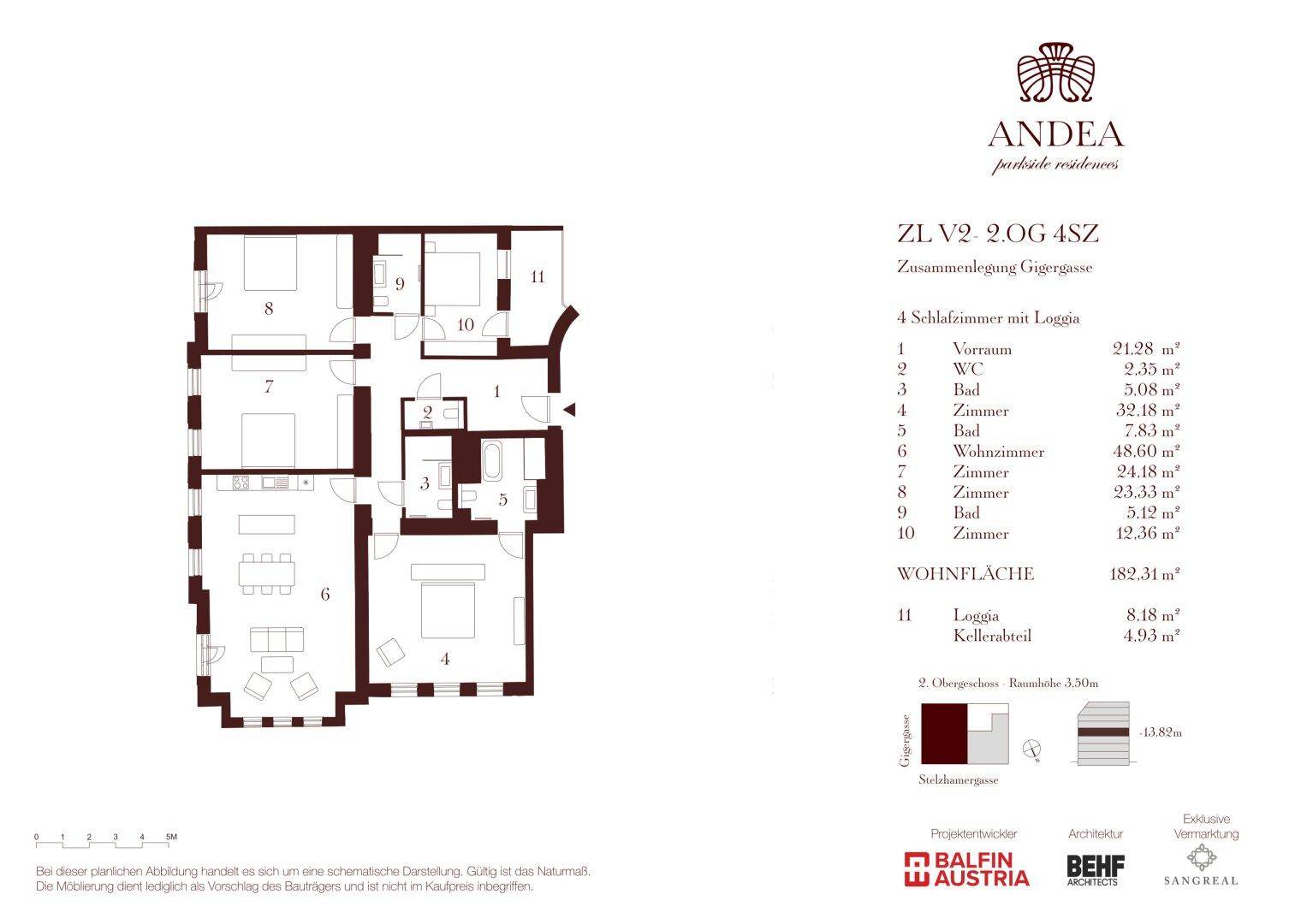 Grundriss einer großzügigen Wohnung mit vier Schlafzimmern, Loggia und hohen Decken.