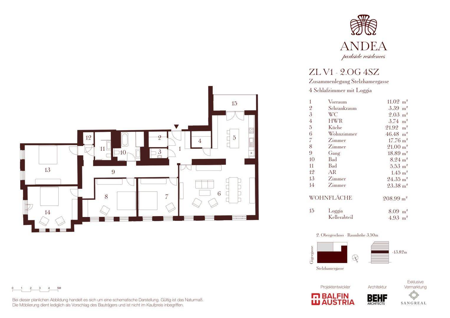 Detaillierter Grundriss einer 4-Zimmer-Wohnung mit Loggia, offenem Wohnbereich und mehreren Bädern.