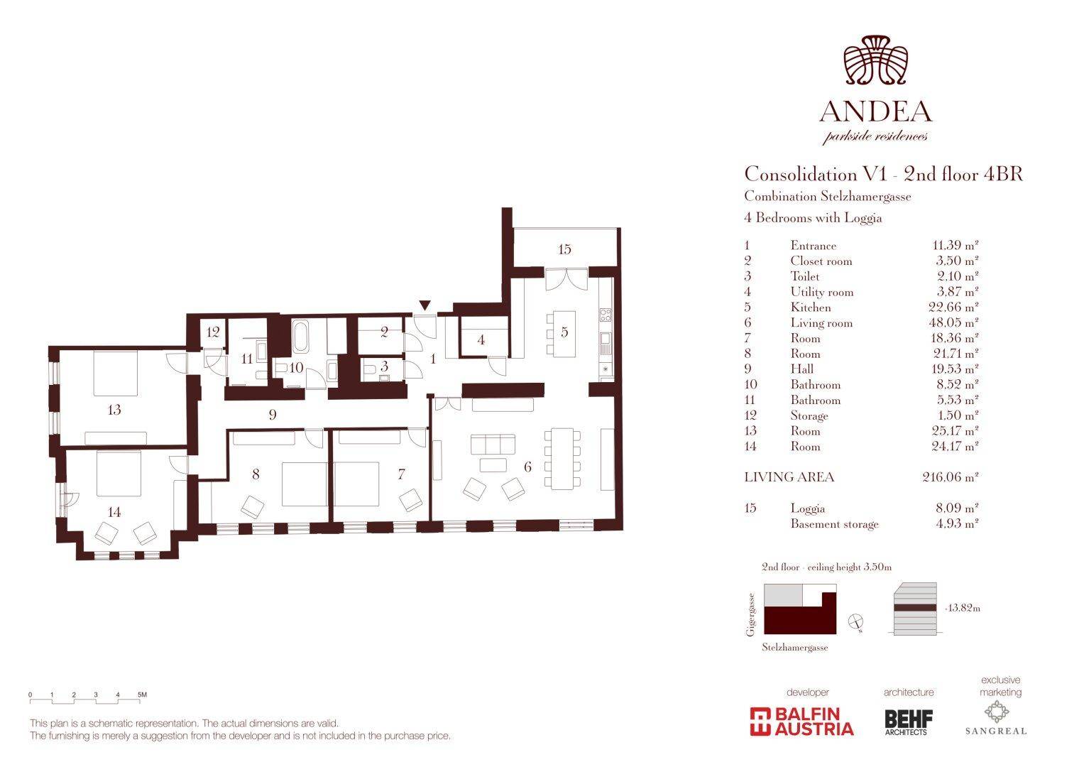 Übersichtlicher Grundriss einer 4-Schlafzimmer-Wohnung mit Loggia, offenem Wohnbereich und zwei Bädern.
