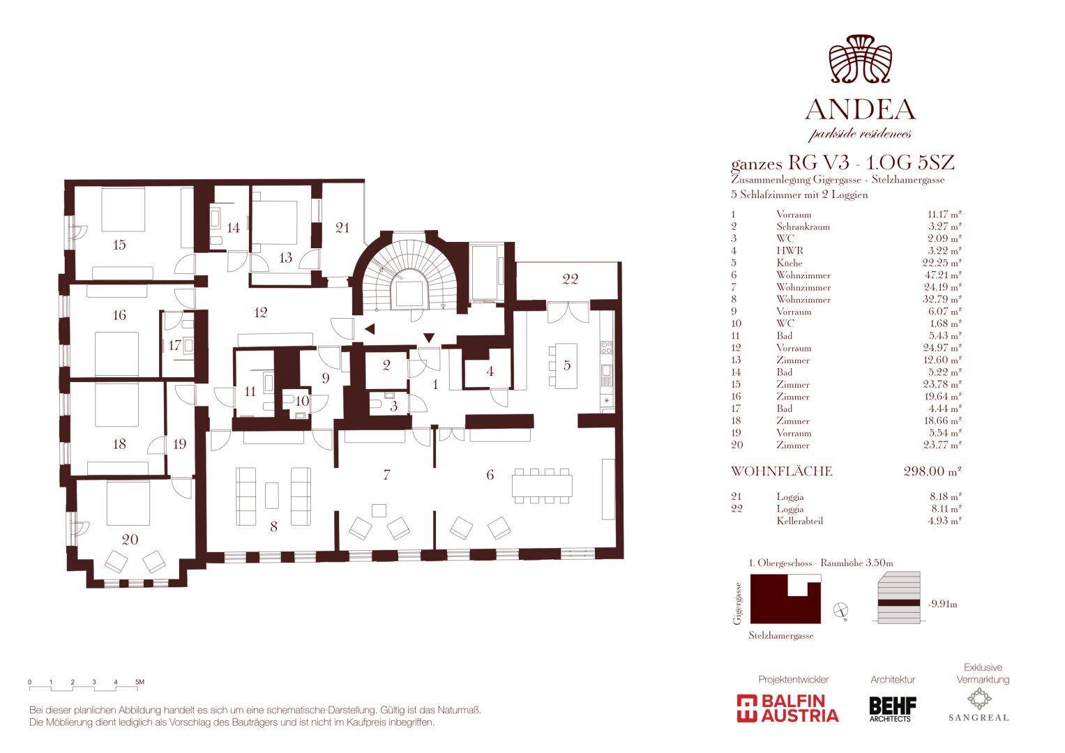 Detaillierter Grundriss einer Wohnung mit 298 m² Wohnfläche, fünf Schlafzimmern und zwei Loggien.