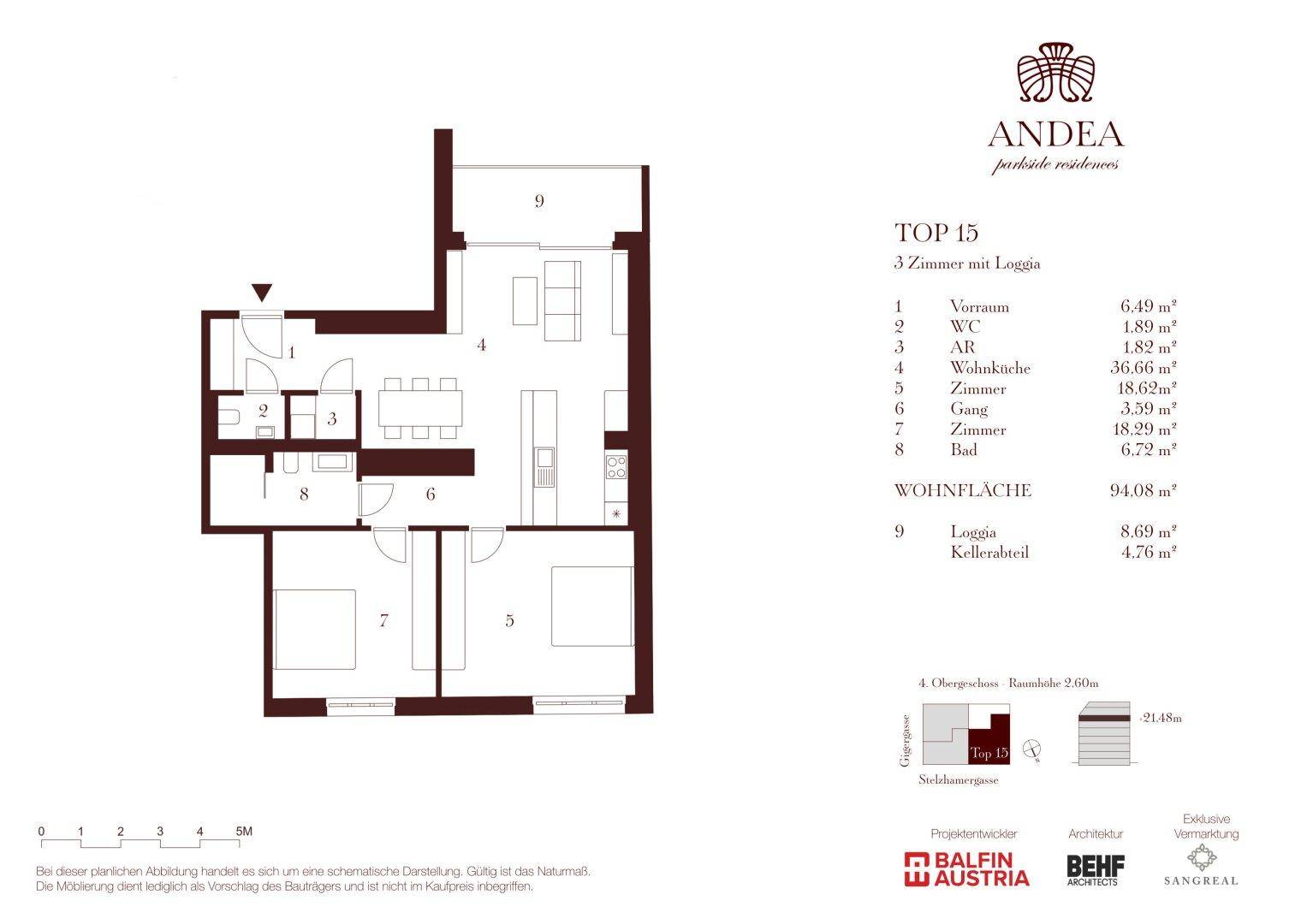 Grundriss der Wohnung TOP 15 mit drei Zimmern, offener Wohnküche, Bad, separatem WC und einer Loggia.