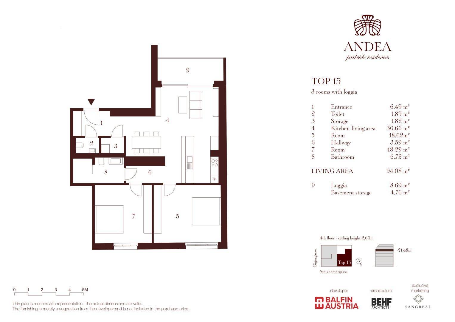 Grundriss der Wohnung TOP 15 mit drei Zimmern, offener Wohnküche, Bad, separatem WC und einer Loggia.